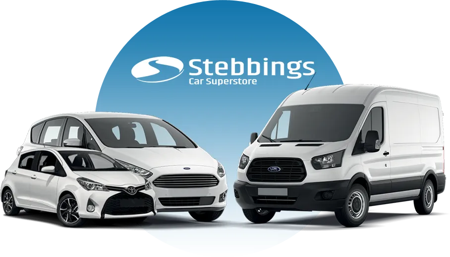 Stebbings logo behind three white vehicles